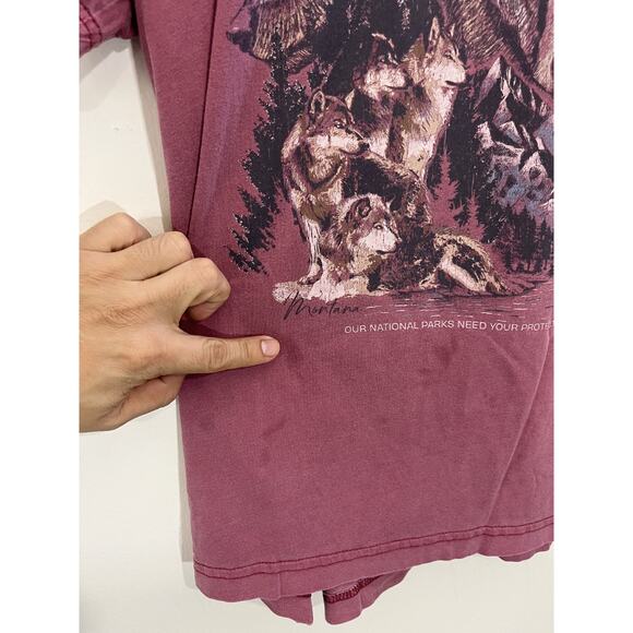 Yellowstone Wolves National Park Animals Spirit Tee Shirt XL USA 90s Y2K Red - Picture 5 of 15